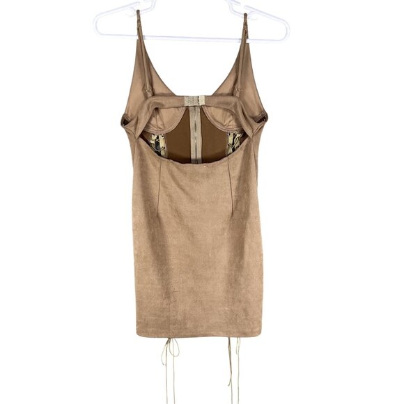 Better Be L Tan Vegan Suede Mini Dress Zip Front Lace Up Stretchy Costal Cowgirl - Picture 9 of 16